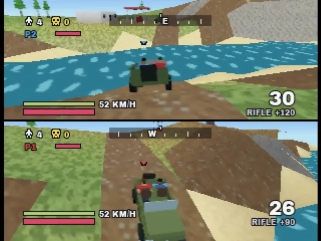 Battle 64 gameplay: two players in split screen, one driving a jeep through a river and the other chasing in a second jeep.