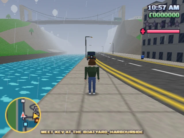 Bristol 64 gameplay: the player stands on a pavement in the Avon Gorge with the Clifton Suspension Bridge ahead.