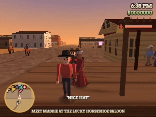 Frontier 64 gameplay: the player in a black hat stands on a boardwalk in Coyote Springs.