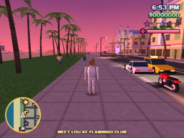 Miami 64 gameplay: the player walks along a palm-lined Ocean Drive at sunset.