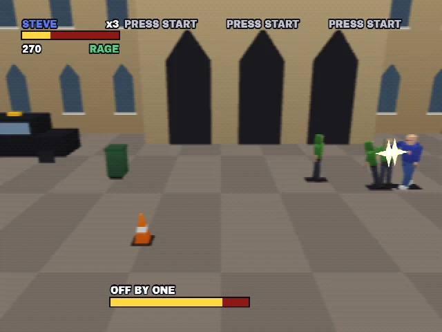 Streets of Spark 64 gameplay: the player in blue fights green-clad thugs in a Bristol street.