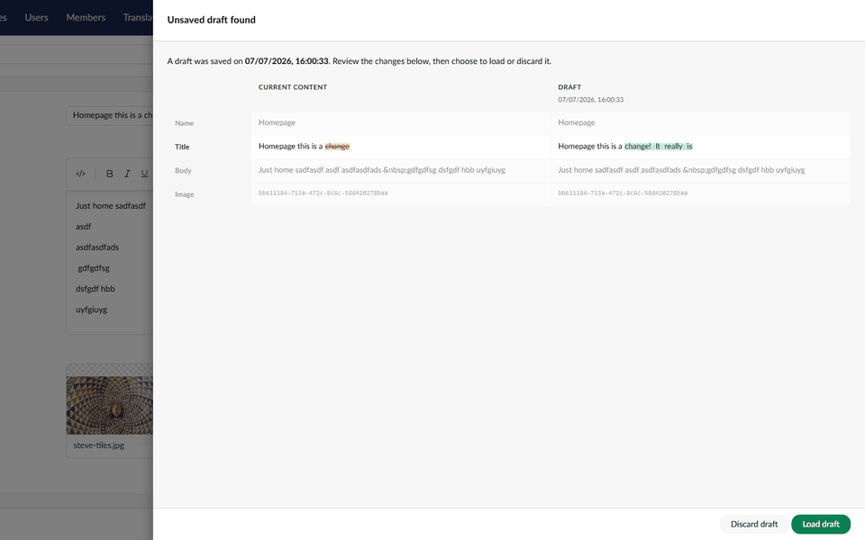Modal showing a difference between the current content and a draft. The user can choose to load the draft or discard it.